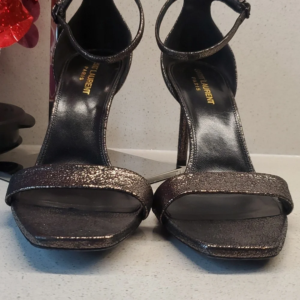 YSL shiny black-silver heeled sandals (sz 40) - Picture 11 of 11